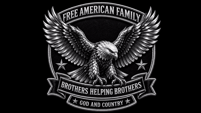 Animated Free American Family chrome eagle patch. Black and silver — the eagle in flight, settling into the patch. Free American Family — brothers helping brothers. God and Country.